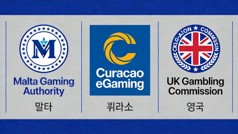 해외 카지노 사이트 푸터에 표시된 다양한 라이선스 로고(말타, 퀴라소, 영국)의 예시 이미지